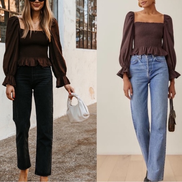 Reformation Darby Top Smocked Long Sleeve Peplum Hem Cafe Brown Size M - Picture 2 of 6